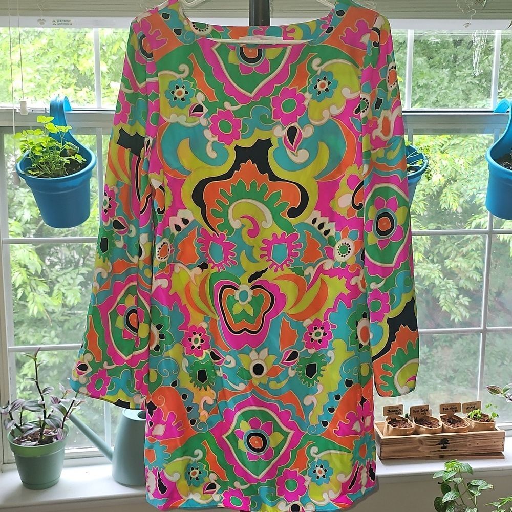 Alice & Trixie Colorful Long Sleeve Retro‎ Floral Silk Dress Size Medium - Picture 3 of 7